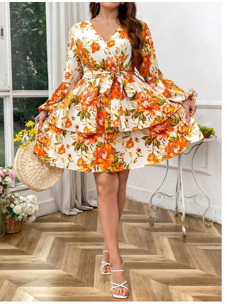 Plus Size Women Floral Print Lantern Sleeve Elegant Dress  Carousel 4