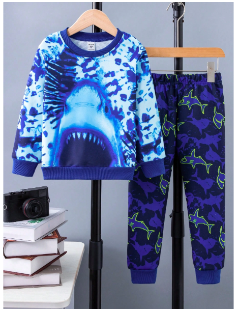 Young Boy Shark Print Sweatshirt & Sweatpants