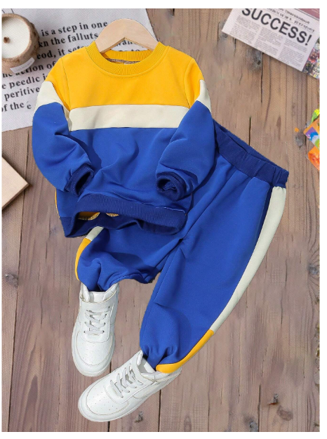 2pcs Young Boy Casual Set, Crew Neck Contrast Color Long Sleeve Top And Drawstring Waist Pants Carousel 2