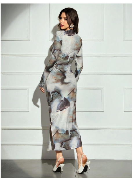 Women's Tie-Dye Print Stand Collar Long Sleeve Pleated Fitted Long Dress Carousel 4