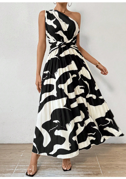 Women'S Pattern Printed One Shoulder Sleeveless Dress With Pleated Hem Carousel 2