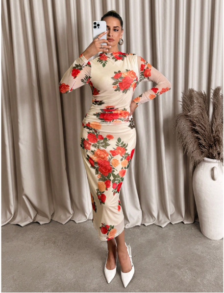 Floral Print Ruched Fitted Dress Carousel 3
