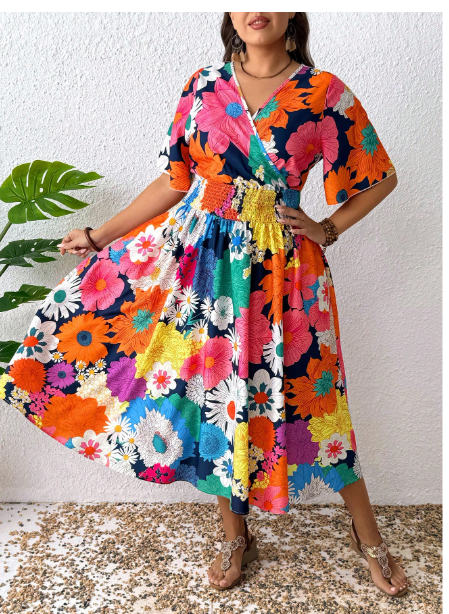 Plus Size Women Summer V-Neck Floral Print Waisted Dress Carousel 3