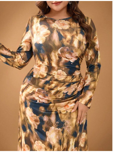 Plus Size Women's  Knitted Pattern Pleated Pullover Long Sleeve Dress