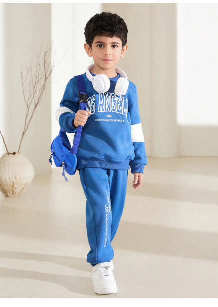Young 2pcs/Set Boy Color Block Letter Print Crew Neck Long Sleeve Top And Pants Set Carousel 2