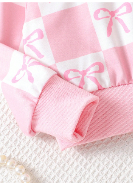 2pcs/Set Young Girl Casual Minimalist Pink Bow Decor Cute Style Outfit Carousel 1