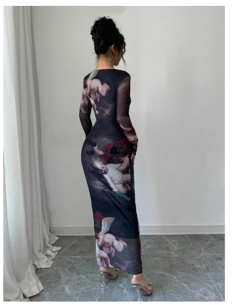 Round Neck Fitted Angel Doll Print Women Dress Carousel 3