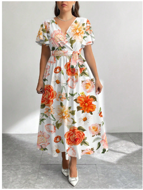 Retro Floral Flower Pattern Loose Plus Size Dress Carousel 1