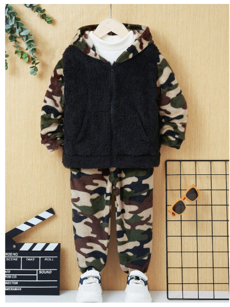 Young Boy Camo Print Hooded Fluffy Jacket & Pants Without Tee Carousel 2