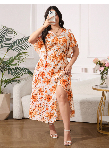 Plus Size Women's V-Neck Orange Floral Print Slim Fit Long Dress Carousel 5