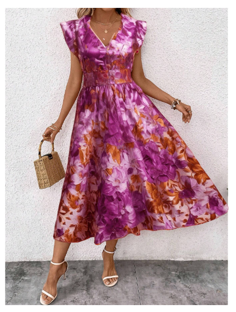 Women's Summer V-Neck Ruffle Hem Dress Maxi Women Outfit Carousel 5