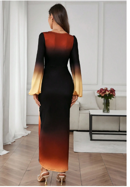 Women's Elegant Gradient Surplice Wrap V-Neck Long Sleeve Lantern Sleeve Maxi Sweater Dress Carousel 1