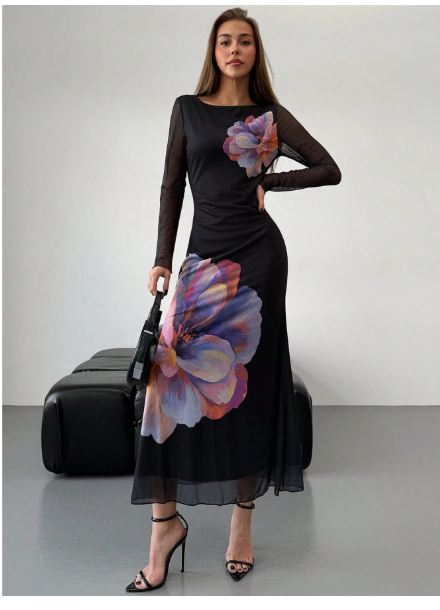 Women's Long Round Neck Mesh Print Fish Tail Fitted Carousel 3