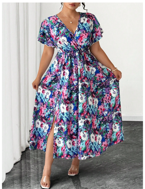 Plus Tropical Print Butterfly Sleeve Dress Maxi Women Outfit Carousel 6