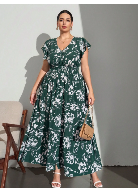 Plus Size V-Neck Cap Sleeve High Waist Dress