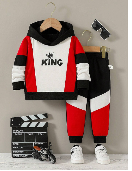 2pcs/Set Baby Boys Fashion Casual Color Block "KING" Letter Print Hoodie Sweatshirt And Sweatpants Set