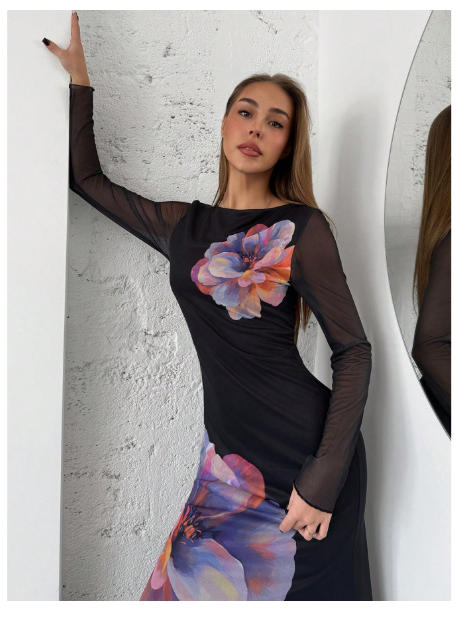 Women's Long Round Neck Mesh Print Fish Tail Fitted Carousel 7