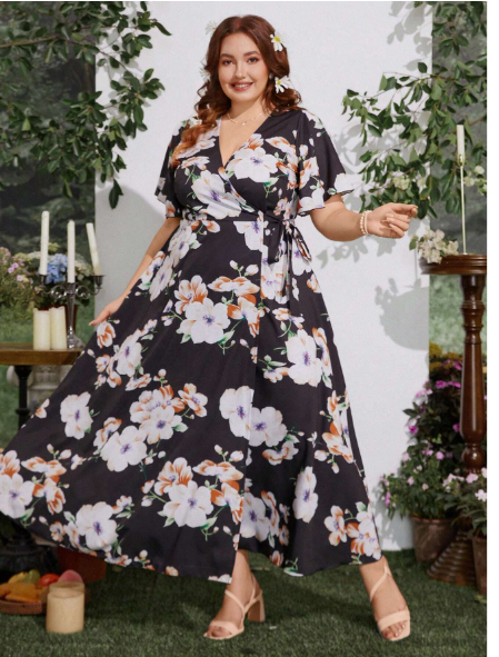 Plus Size Elegant Floral Print Tie-Front Dress Carousel 2