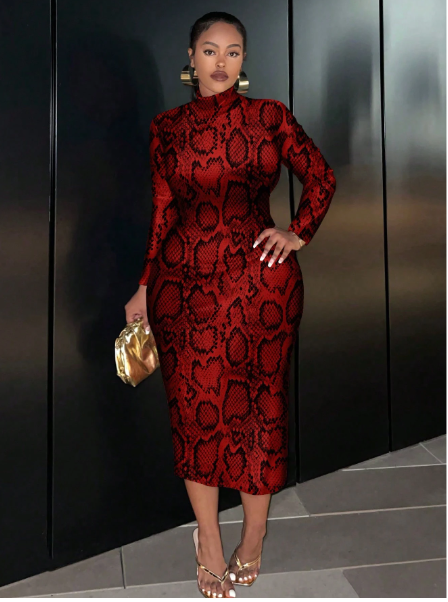 Animal Print Pattern Casual Simple Long Sleeve Bodycon Midi Dress For Plus Size Carousel 3