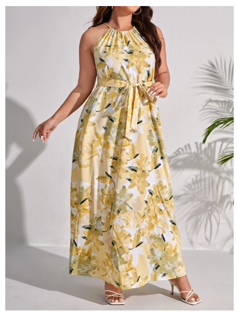 Plus Floral Print Belted Halter Dress Carousel 4