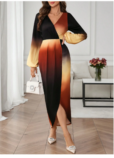 Women's Elegant Gradient Surplice Wrap V-Neck Long Sleeve Lantern Sleeve Maxi Sweater Dress