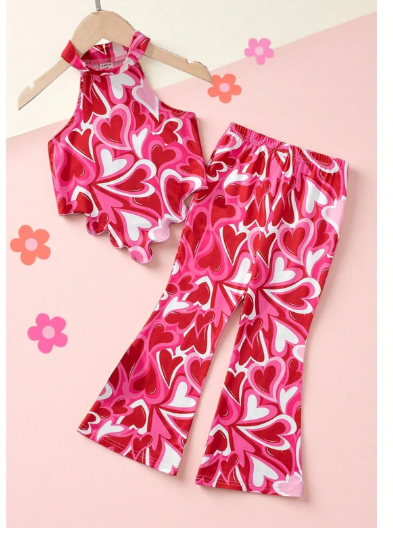 Young Girl Fashionable Sweetheart Halter Neck Top With Flare Pants
