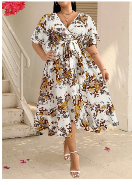 Clasi Plus Floral Print Butterfly Sleeve Belted Dress Maxi Women Outfit