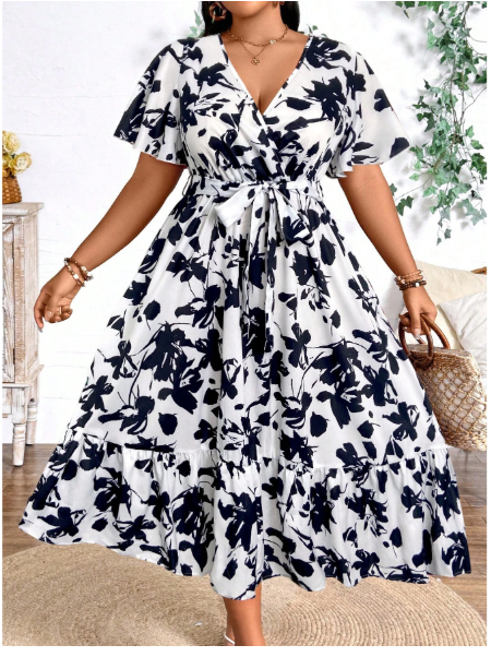 Plus Size Holiday Floral Print Dress Maxi Women Outfit Carousel 3