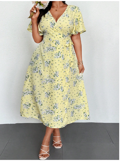 Plus Size Women Vacation Ditsy Floral Asymmetric Neckline Lantern Sleeve Dress Carousel 9