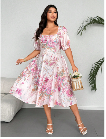 Plus Size Elegant Floral Print Lantern Sleeve Dress Carousel 4