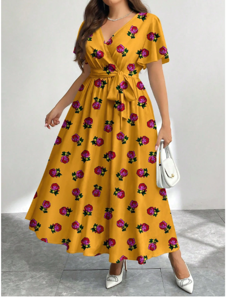 Plus Size Casual Retro Floral Pattern Loose Fit Dress
