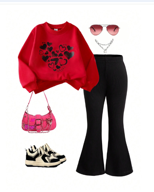 2pcs Young Girls Heart Print Crew Neck Long Sleeve Sweatshirt & Black Flared Pants Set