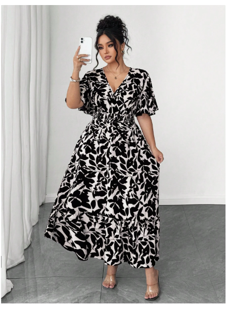 Plus Size Women's Casual Elegant Dual-Color Floral Print Waist-Cinched V-Neck Ruffle Sleeve Maxi Dress Carousel 2