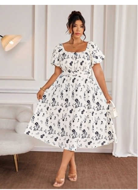 Plus Size Solid Color Floral Print Textured Fabric Square Neck Lantern Short Sleeve Cinched Waist Flared Hem Elegant Long Dress: Carousel 2