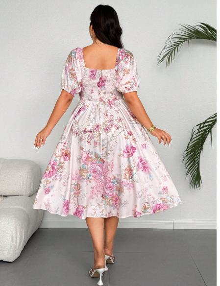 Plus Size Elegant Floral Print Lantern Sleeve Dress Carousel 2