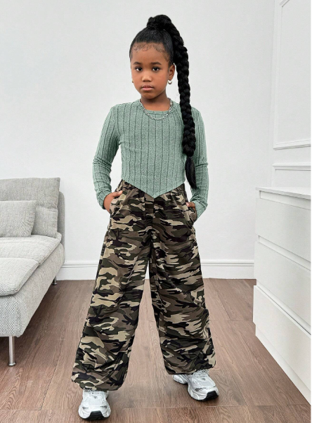  Girl Tween Girl Casual Asymmetrical Hem Long Sleeve Ribbed Tight T-Shirt & Camouflage Print Loose Cargo Pants 2 Pieces Set Carousel 4