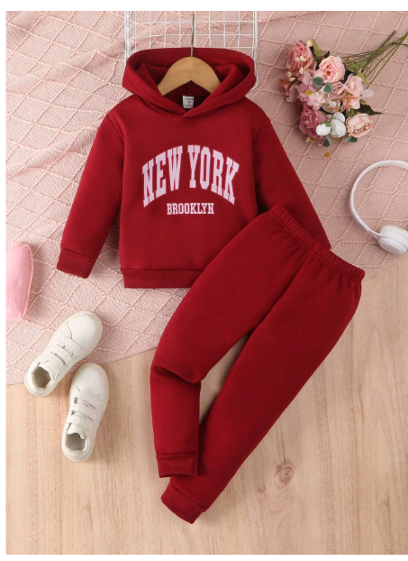 Young Girls Letter Print Minimalist Hoodie Sweatshirt And Pants Casual 2 Pieces Set