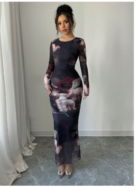 Round Neck Fitted Angel Doll Print Women Dress Carousel 1