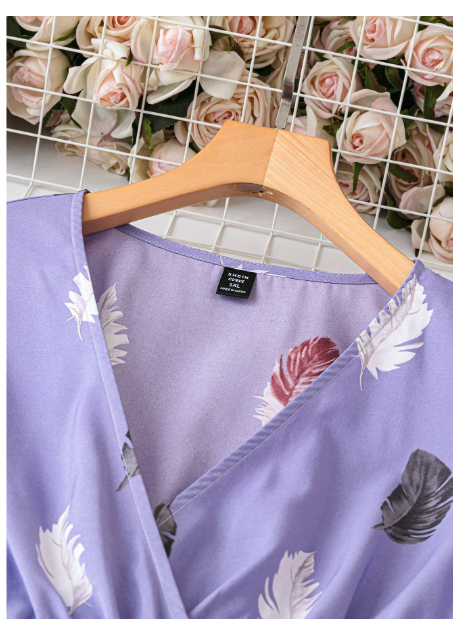 Plus Size Summer Casual Feather Allover Print Dress With Pleated Waist Maxi Women Outfit Carousel 4