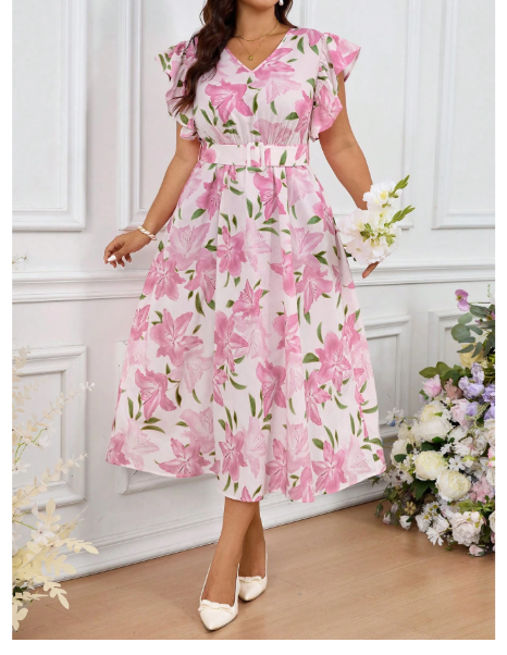 Plus Size Women Elegant Floral All-Over Print Ruffle Hem Dress For Summer Carousel 4