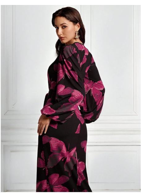 Women's V-Neck Long Sleeve Butterfly Print Casual Long Dress Carousel 2