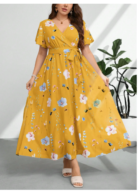 Plus Size Women V-Neck Loose Fit Drawstring Waist Slit Print Carousel 5