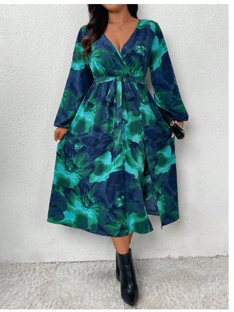Plus Size Autumn Long Sleeve Dress With High Slit & Floral Print Carousel 1