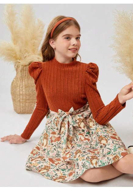 ween Girl Casual Vintage Elegant Knitted Rib Patchwork Ditsy Floral Puff Sleeve Belted A-Line Long Dress Carousel 2