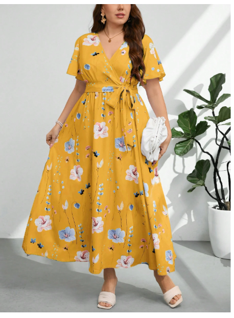 Plus Size Women V-Neck Loose Fit Drawstring Waist Slit Print Carousel 3