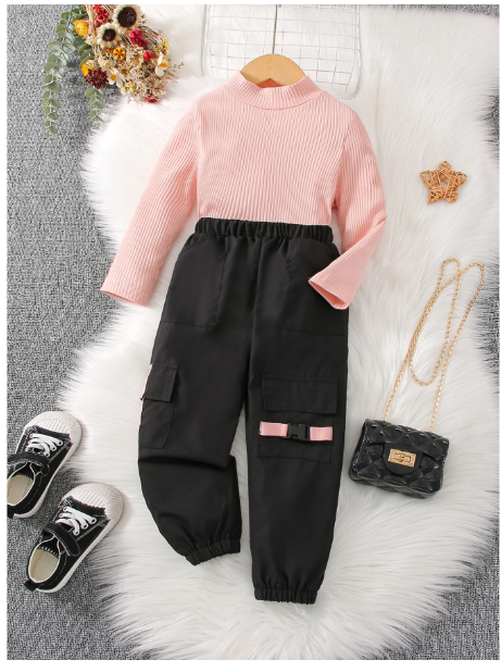 Toddler Girls Mock Neck Tee & Buckle Tape Cargo Pants Carousel 3