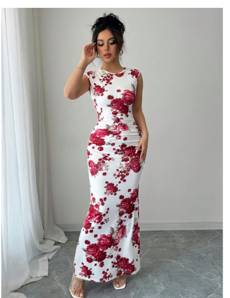 Floral Print Elegant Round Neck Sleeveless Women Dress