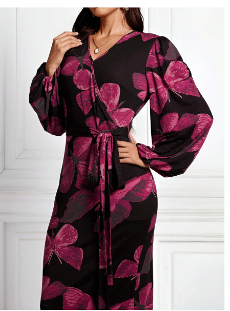 Women's V-Neck Long Sleeve Butterfly Print Casual Long Dress
