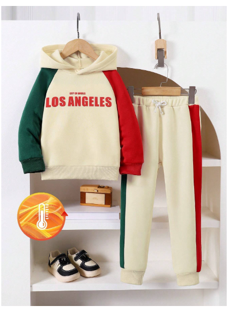 2pcs/Set Young Boy Casual Preppy Tri-Color Splice Top & Pants Set Carousel 2