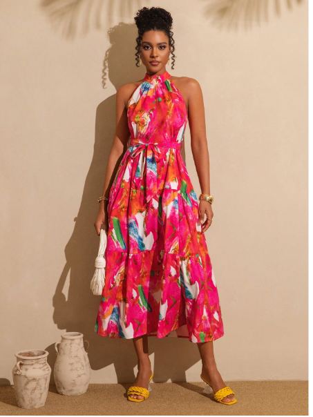 Women's Tie-Dye Floral Print Ruffle Hem Halter Neck Vacation Dress